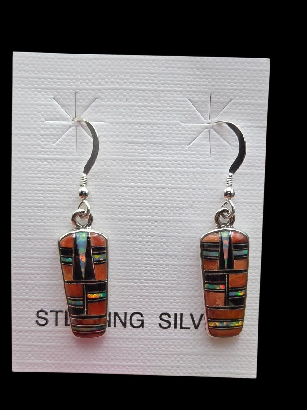 SW Sterling Silver Orange Spiny Oyster Opal Inlay Dangle Earrings